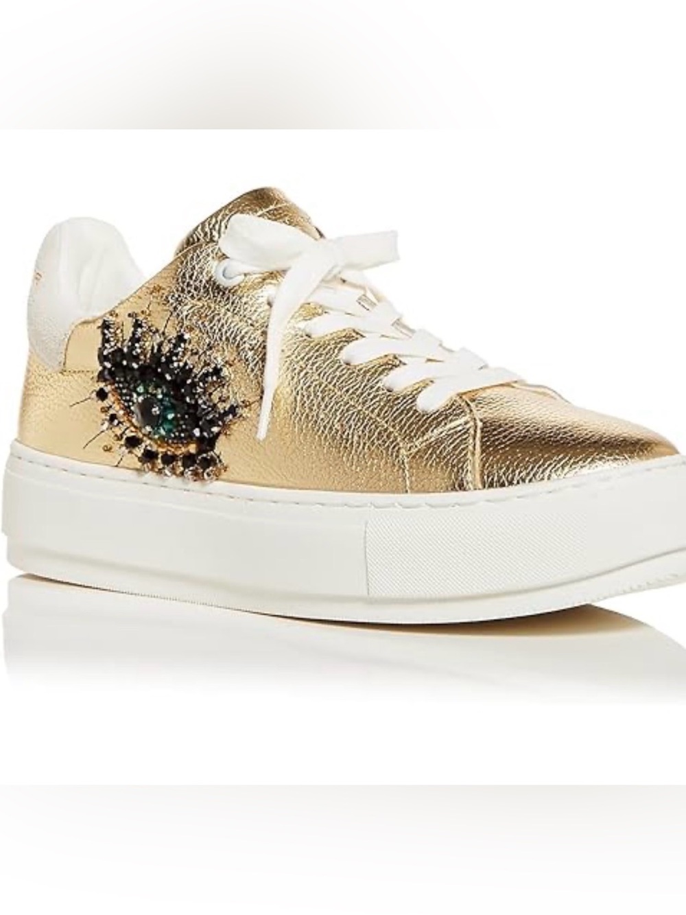 Kurt Geiger Gold Metallic Platform Sneaker with Embellished Jewel Accent